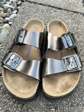 Birkenstock Arizona Soft Footbed Metallic Anthracite Leather Sandals Size 41